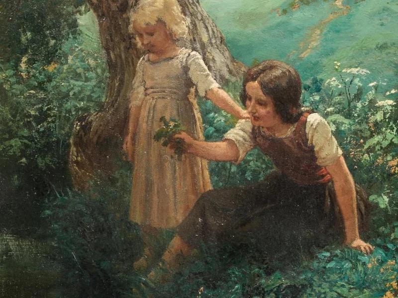 1829-Wilhelm Lindenschmit II - Due ragazze giocano vicino al ruscello nel bosco